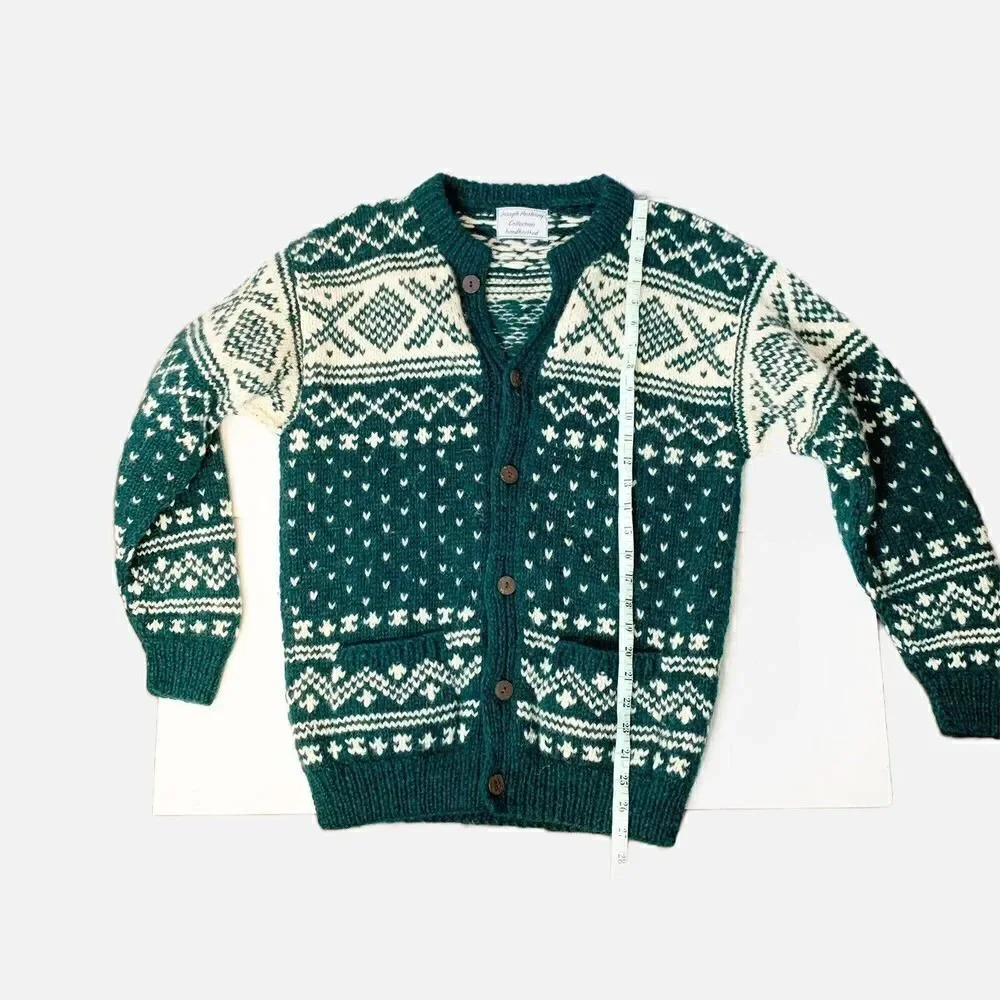 Vintage Joseph Anthony Collection Handknitted Wool Cardigan Sweater Green Cream